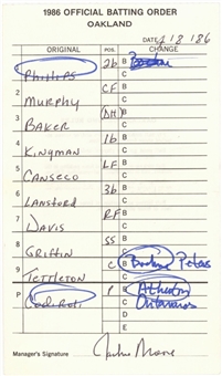 1986 Oakland Athletics Line Up Card Signed by Jackie Moore from April 8, 1986 - Opening Day of Jose Cansecos Rookie of the Year Season (JSA)